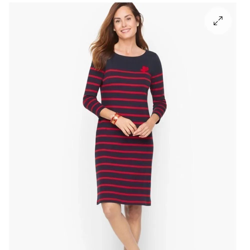 Talbots Embroidered Striped Shift Dress Red, Navy Blue Sz MP Red Heart Appliqué